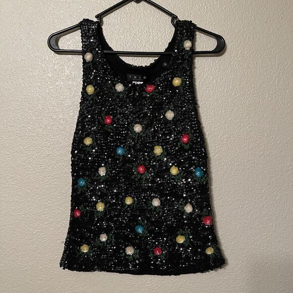 TRIO Vintage 50s Women S Black Wool Angora Beaded Sequin Rosette Sweater Vest - Picture 4 of 8